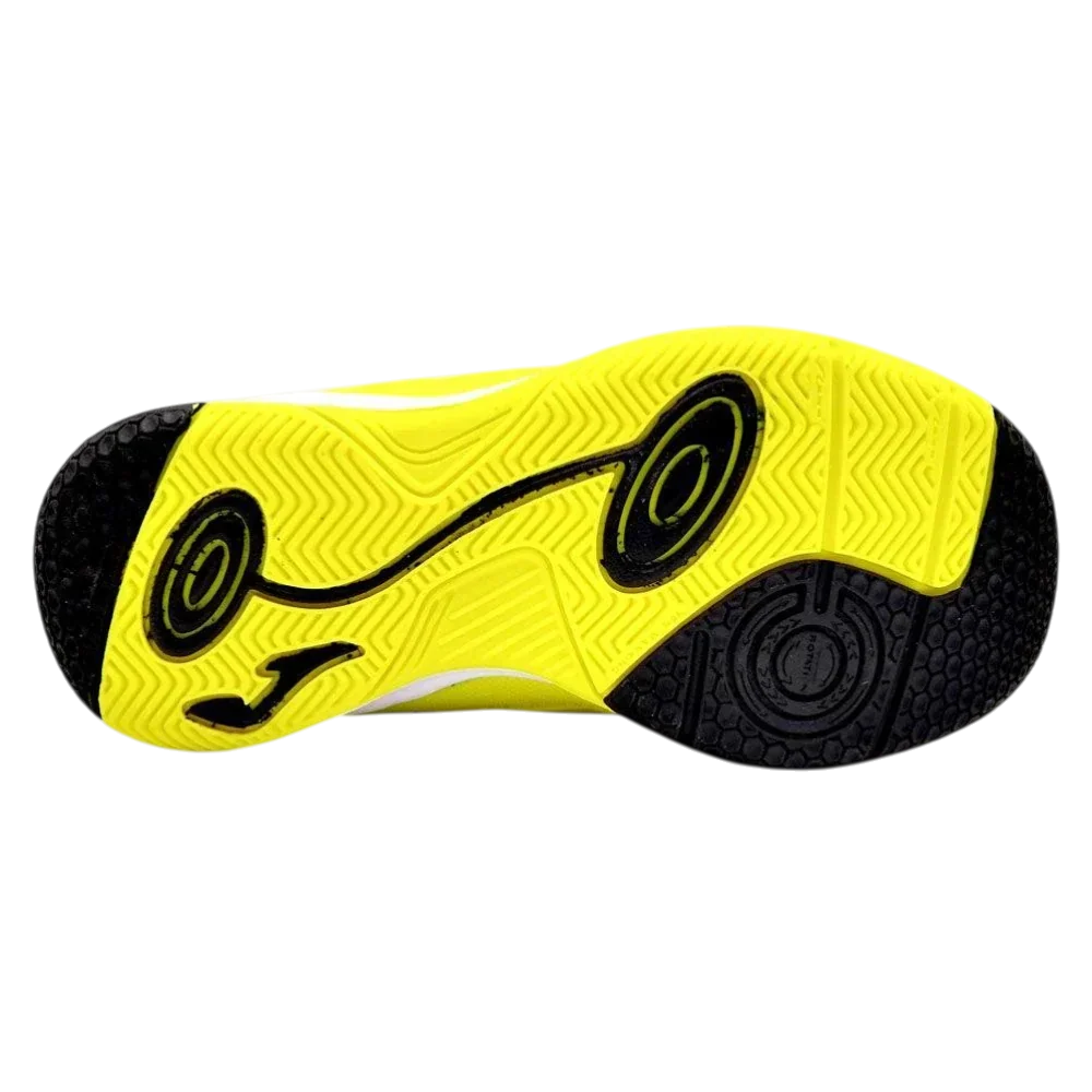 Joma Toledo indoor soccer shoe outsole in bright yellow and black, with textured rubber grip and circular tread zones