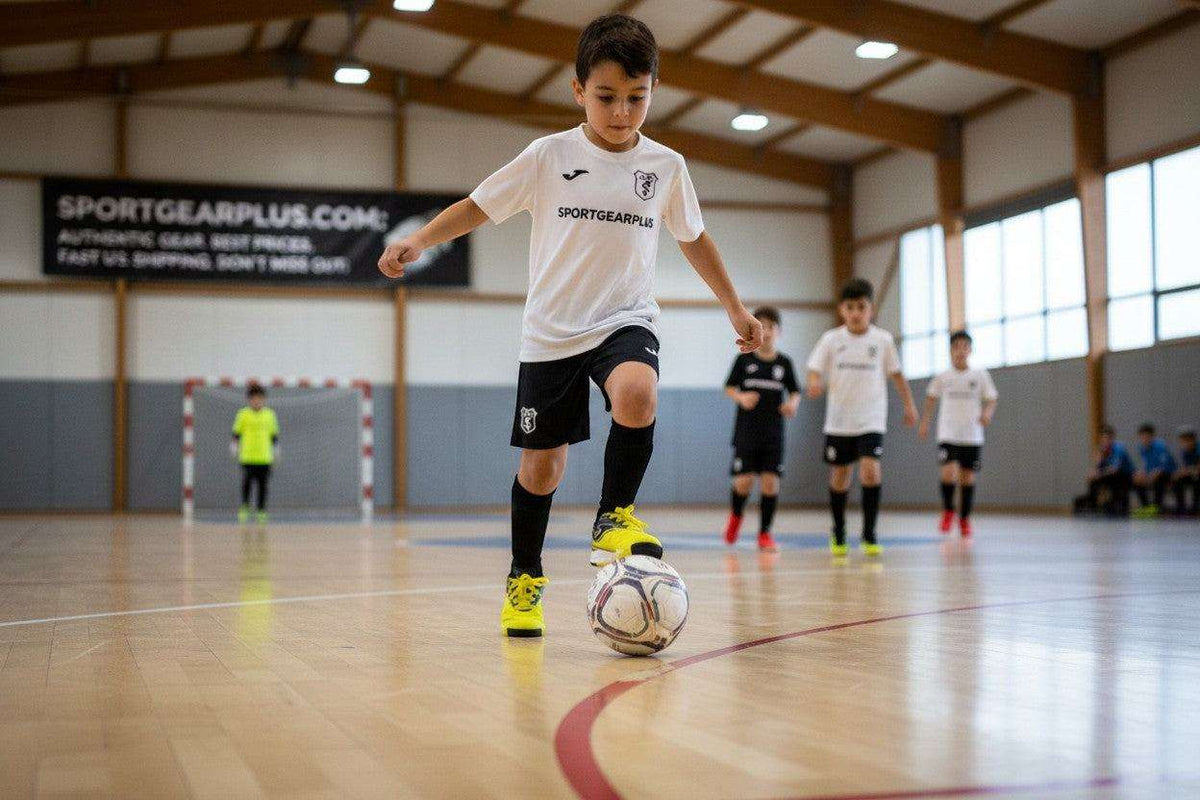 Joma Toledo indoor soccer shoes in bright yellow with black accents, worn by a young player on a court