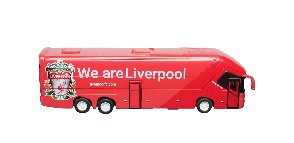 Liverpool Mini Team Bus in bright red with Liverpool crest and white lettering, featuring a detailed miniature coach design.