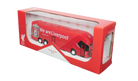 Liverpool Mini Team Bus miniature red coach with white lettering, Liverpool crest and black windows in display packaging