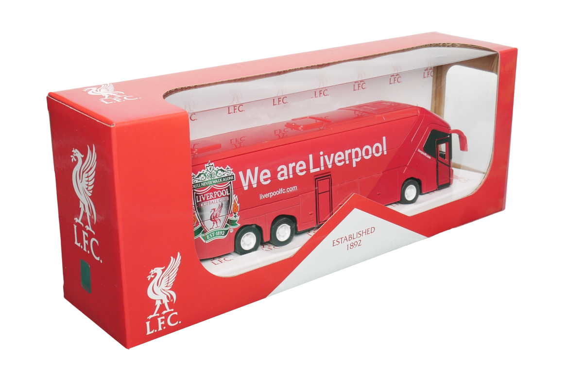 Liverpool Mini Team Bus in a red miniature coach with white Liverpool branding, crest and multi-axle wheels