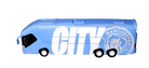 Manchester City Mini Team Bus, blue miniature coach with oversized white lettering, team crest and black wheels