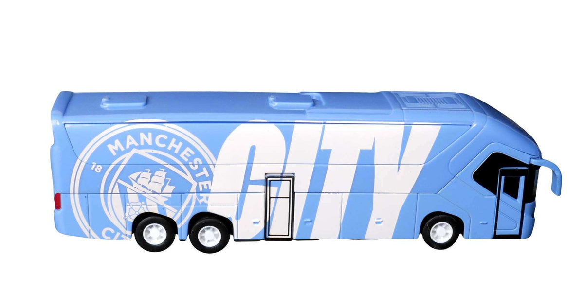 Manchester City Mini Team Bus miniature coach in light blue with a club crest, bold white lettering and black wheels