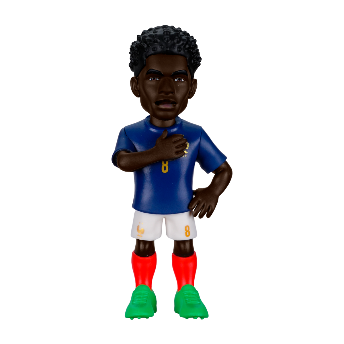 Minix Aurélien Tchouaméni football figurine in a blue jersey, white shorts, and bright red socks with green boots