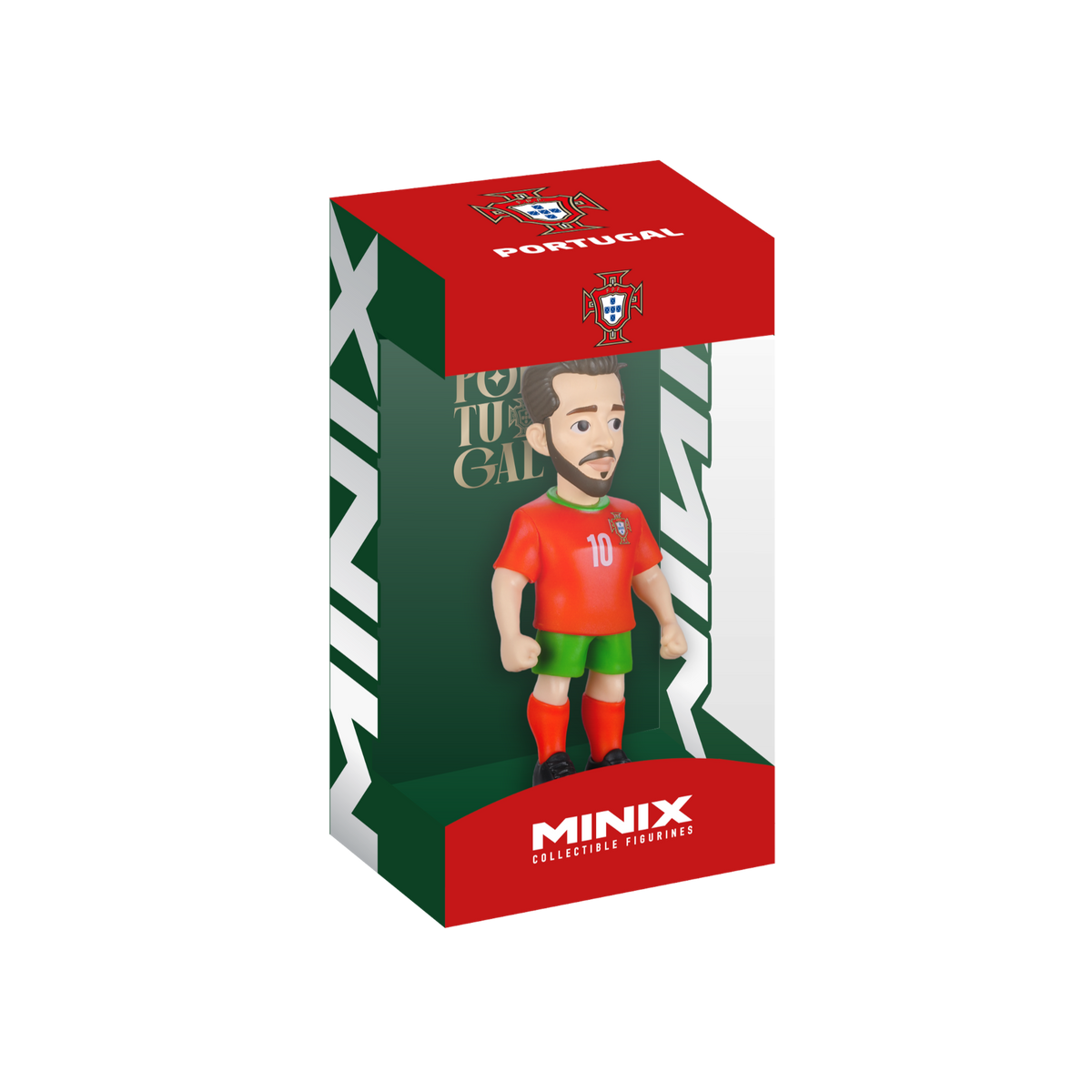 Minix Bernardo Silva figurine with a bearded player in Portugal’s red number 10 shirt, green shorts and red socks