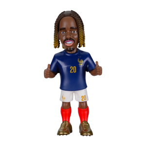 Minix Bradley Barcola collectible figurine in a blue France jersey, white shorts, red socks and gold boots