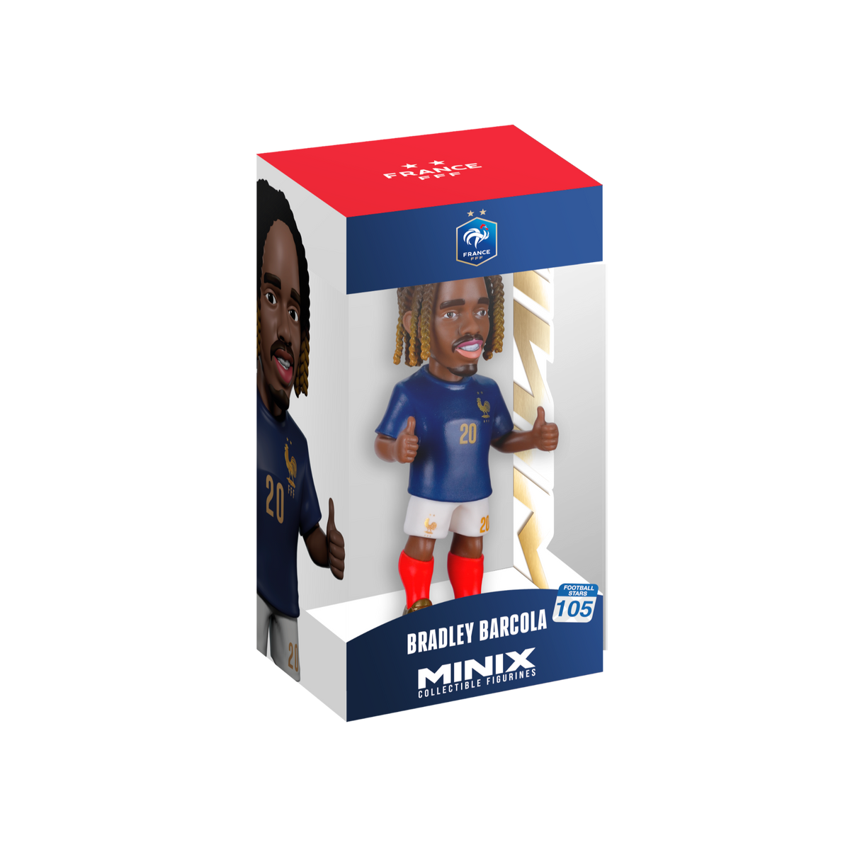 Minix Bradley Barcola collectible figurine in a blue France number 20 jersey, white shorts and red socks, displayed in box