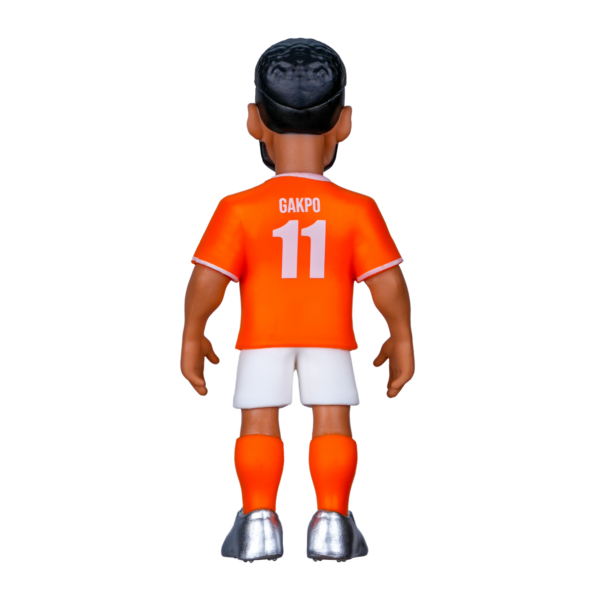 Minix Cody Gakpo figurine in an orange Netherlands jersey with number 11, white shorts and silver boots, viewed from behind