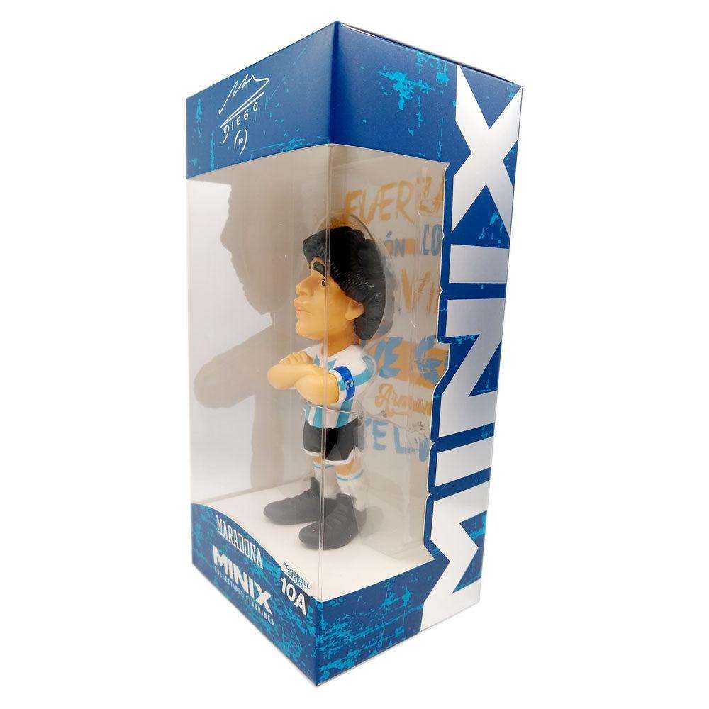 Minix Diego Maradona Argentina Figurine in a sky blue and white football kit, displayed in a blue window box
