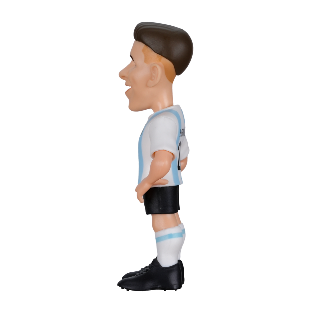 Minix Enzo Fernández figurine with brown hair, wearing a white and sky-blue Argentina shirt, black shorts and boots