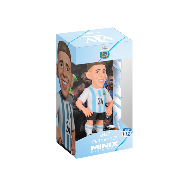 Minix Enzo Fernández Argentina figurine in a blue and white striped jersey, black shorts, and light blue display box