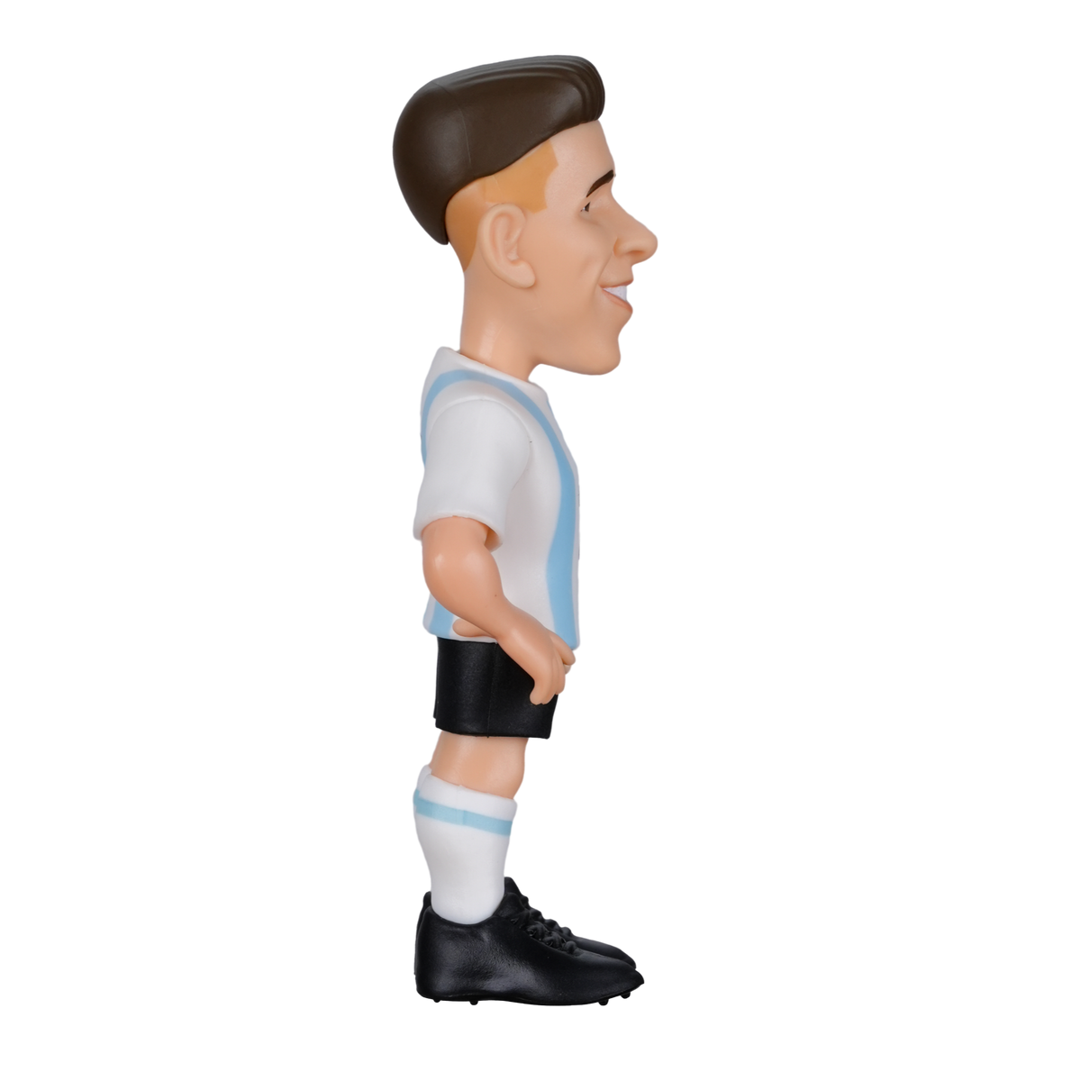 Minix Enzo Fernández figurine wearing Argentina's white and sky-blue striped shirt, black shorts and boots
