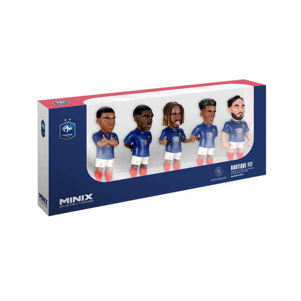 Minix France 5-Pack with five footballer figurines in blue France shirts, white shorts and red socks in a display box