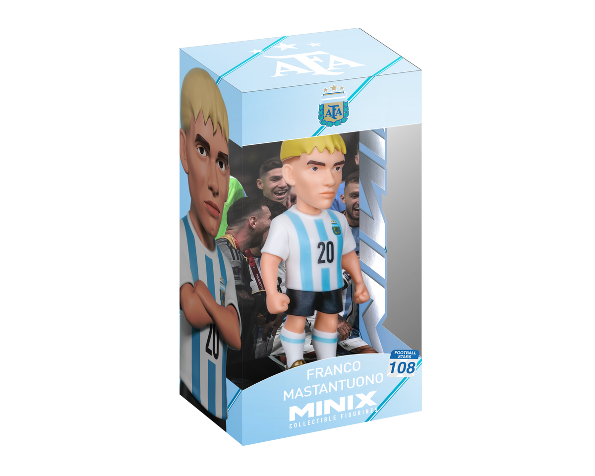 Minix Franco Mastantuono Argentina figurine with blond hair in a striped light blue and white number 20 kit, in a display box