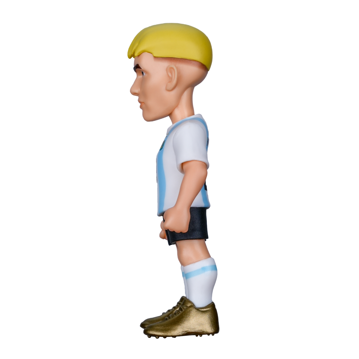Minix Franco Mastantuono figurine wearing Argentina’s pale blue and white striped football kit, black shorts and gold boots