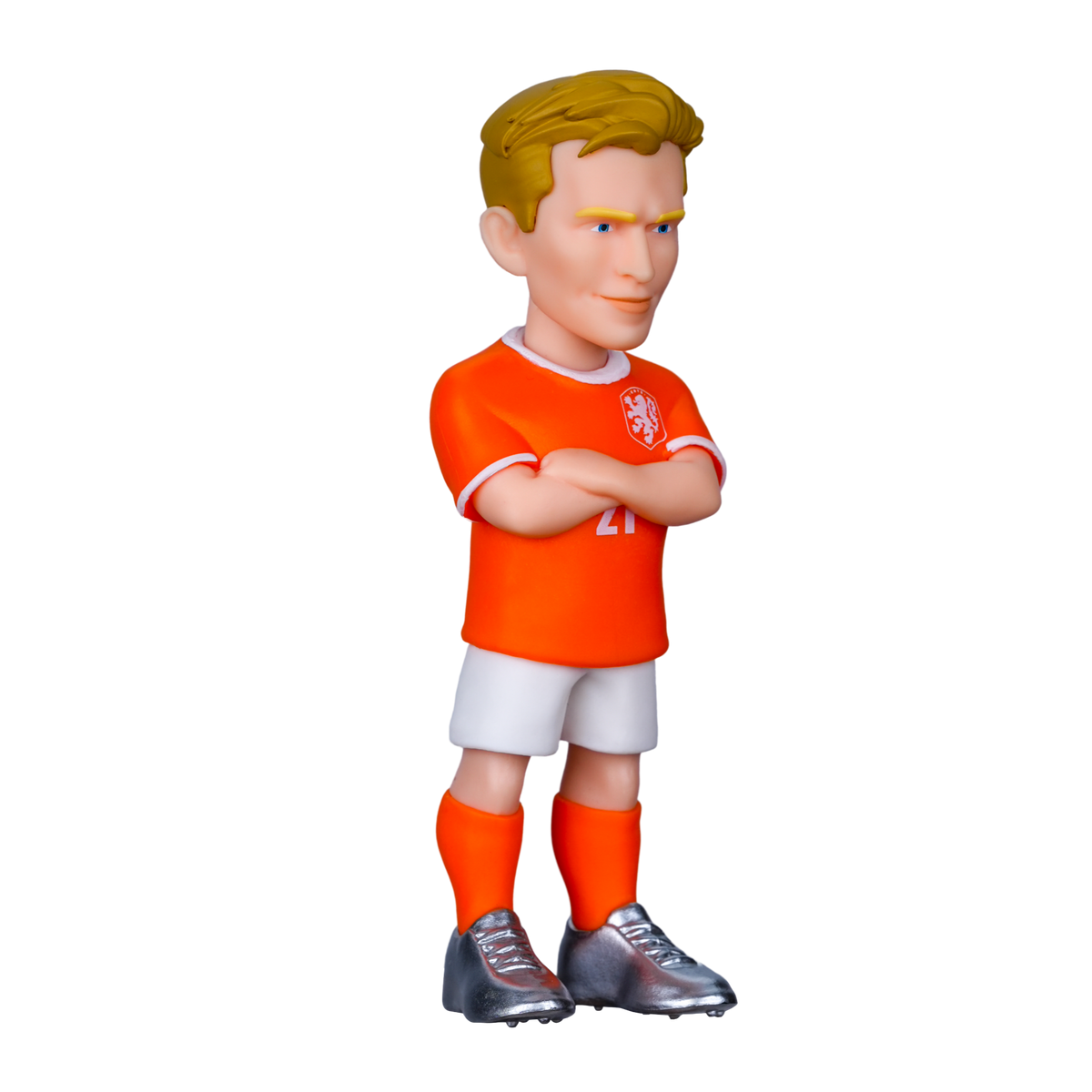 Minix Frenkie de Jong figurine in an orange Netherlands kit with white shorts, orange socks, and crossed arms
