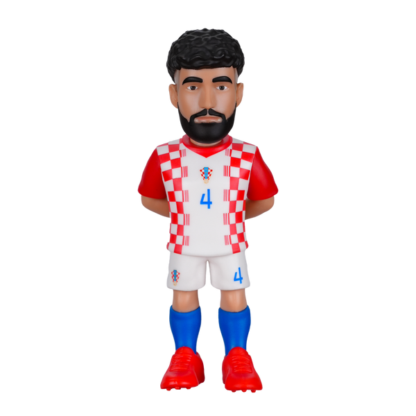 Minix Joško Gvardiol figurine in Croatia's red and white checkerboard jersey, white shorts, blue socks and red boots