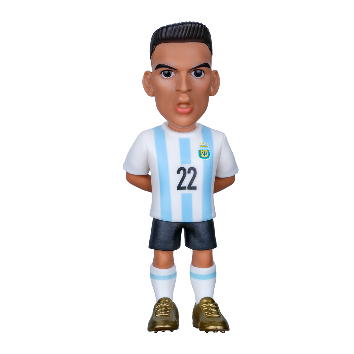 Minix Lautaro Martínez collectible figurine in a white and sky-blue striped Argentina kit, with black shorts and gold boots