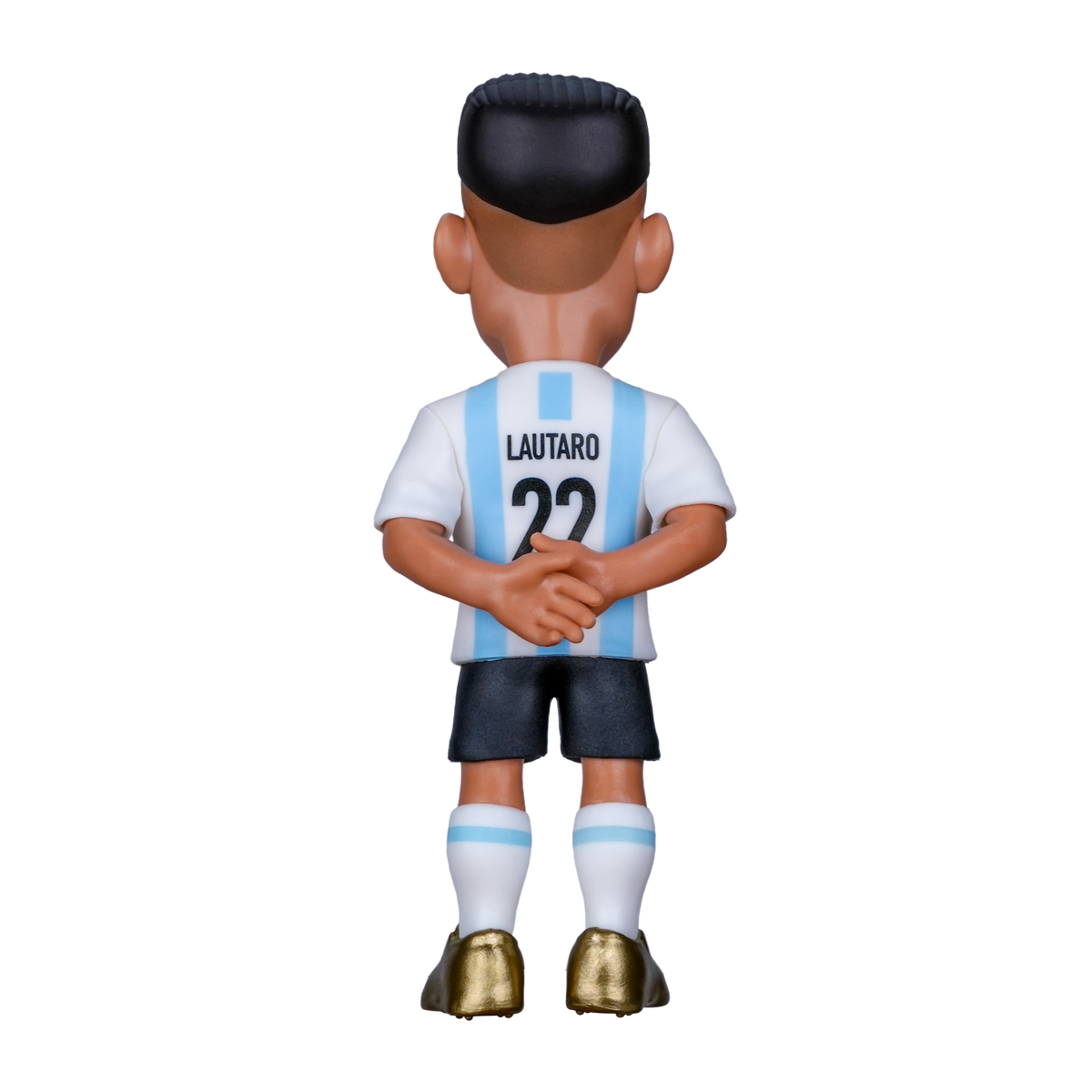 Minix Lautaro Martínez figurine in Argentina's white and sky-blue striped number 22 kit, shown from behind with hands clasped