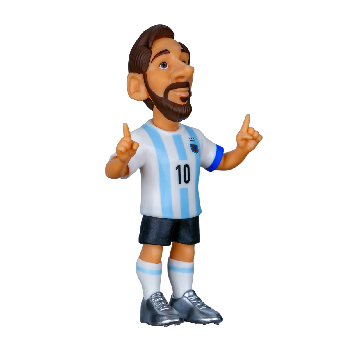 Minix Lionel Messi Argentina Figurine in a sky-blue and white striped jersey, black shorts and beard, pointing upward