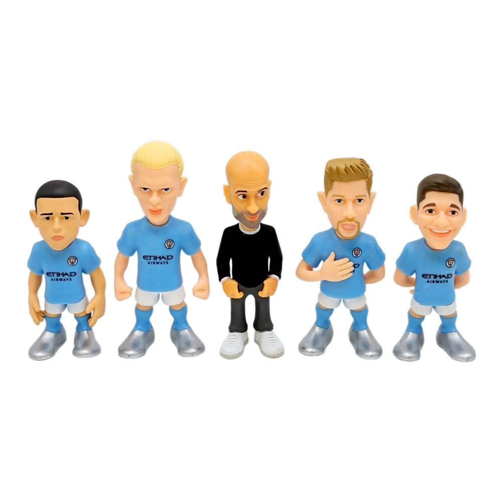 Minix Manchester City figurine set with five cartoon football characters in blue kits, silver boots and one black outfit