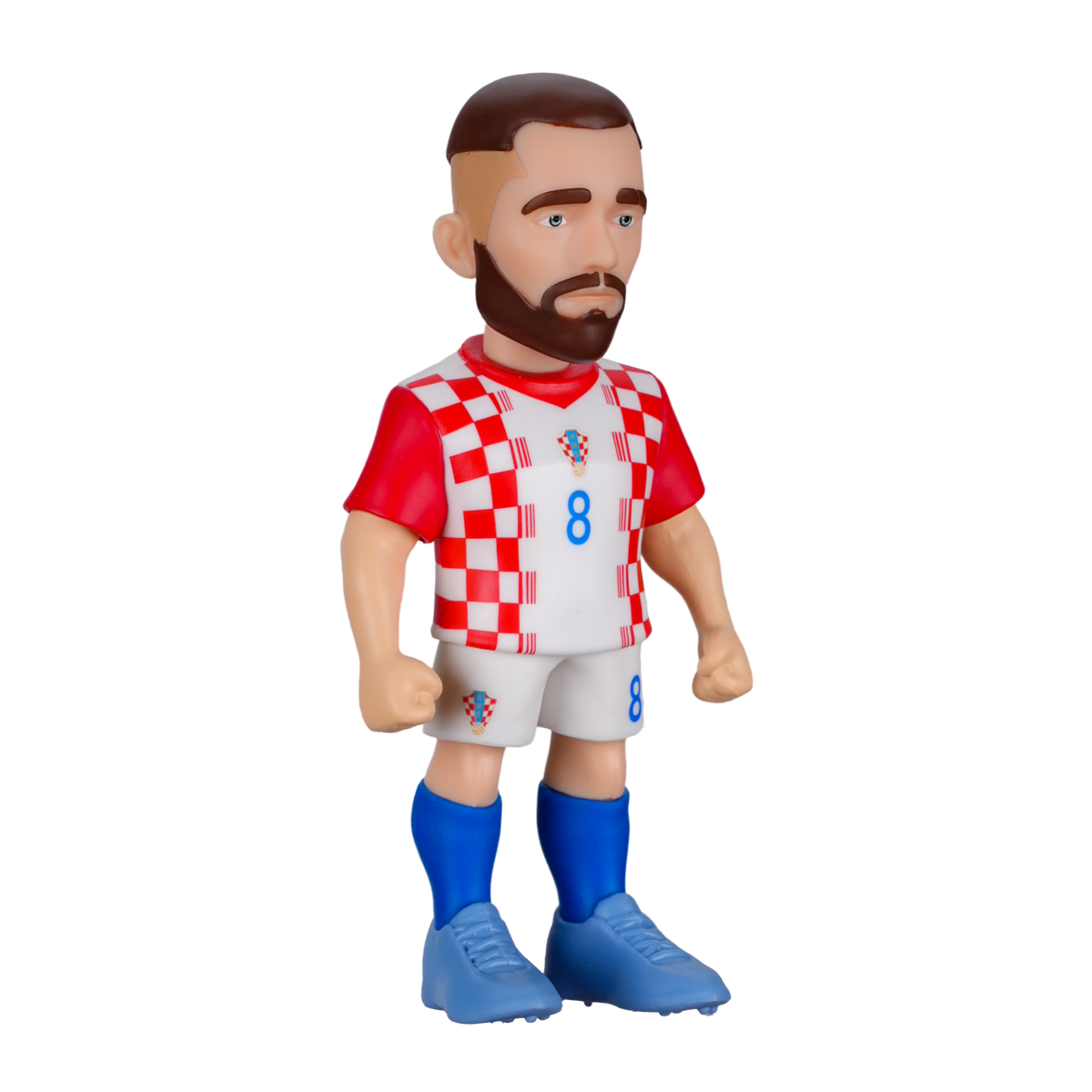 Minix Mateo Kovačić football figurine wearing Croatia’s red-and-white checkerboard shirt, white shorts and blue socks