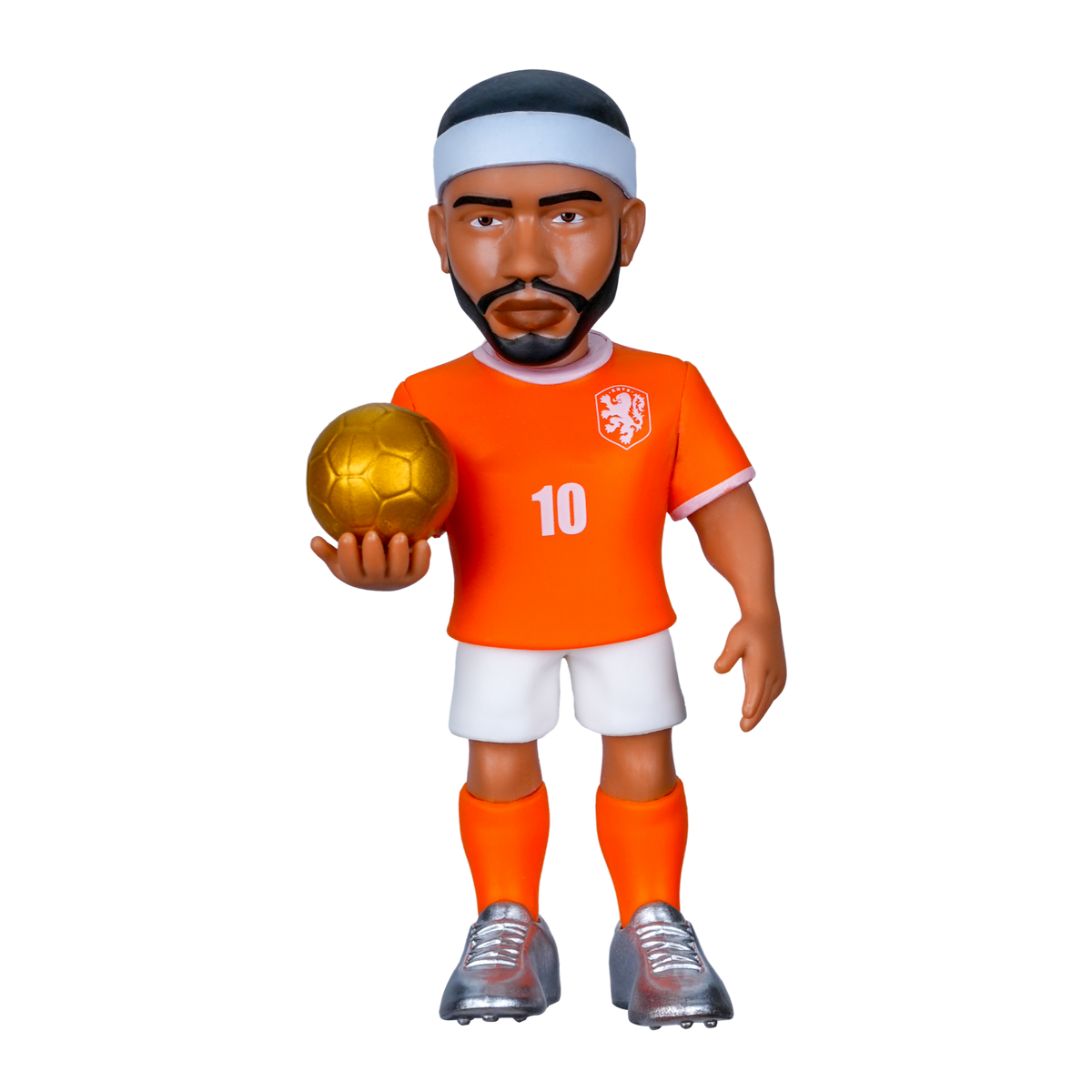 Minix Memphis Depay figurine wearing a bright orange Netherlands number 10 kit, white shorts and orange socks, holding a gold football
