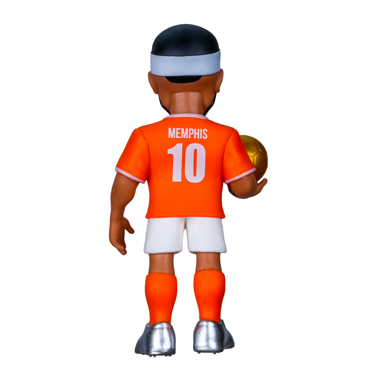 Minix Memphis Depay figurine in an orange number 10 jersey, white shorts and orange socks, with a headband and football