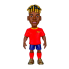 Minix Nico Williams football figurine with dark skin, yellow-tipped braided hair, red Spain shirt, blue shorts and red socks