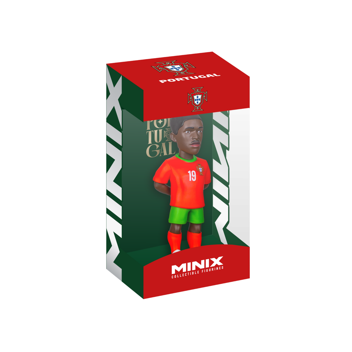 Minix Nuno Mendes figurine in a red Portugal jersey and green shorts, displayed in a red and green collectible box