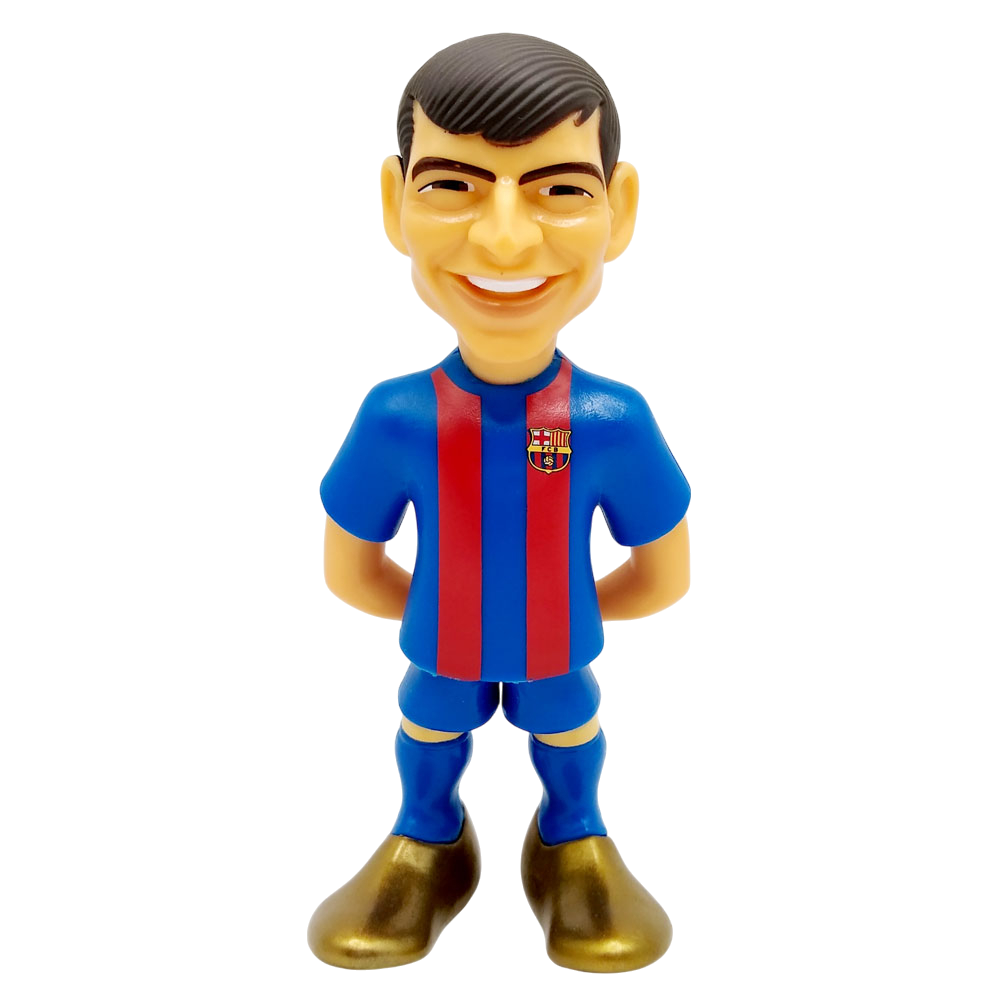 Minix Pedri FC Barcelona figurine in a blue and red striped kit, with sculpted dark hair and oversized brown boots.