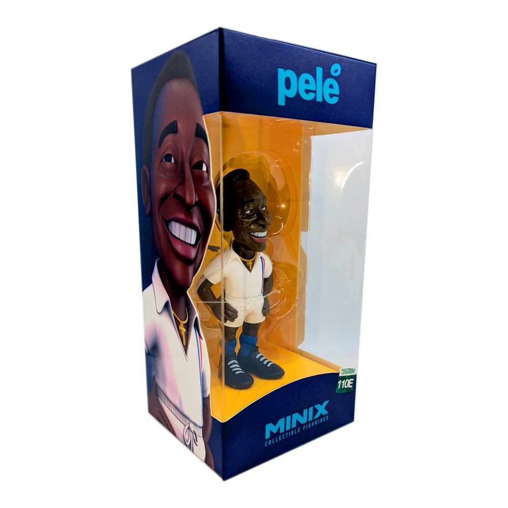 Minix Pelé Escape to Victory Edition figurine in a white football kit and blue boots, displayed in a blue and orange box