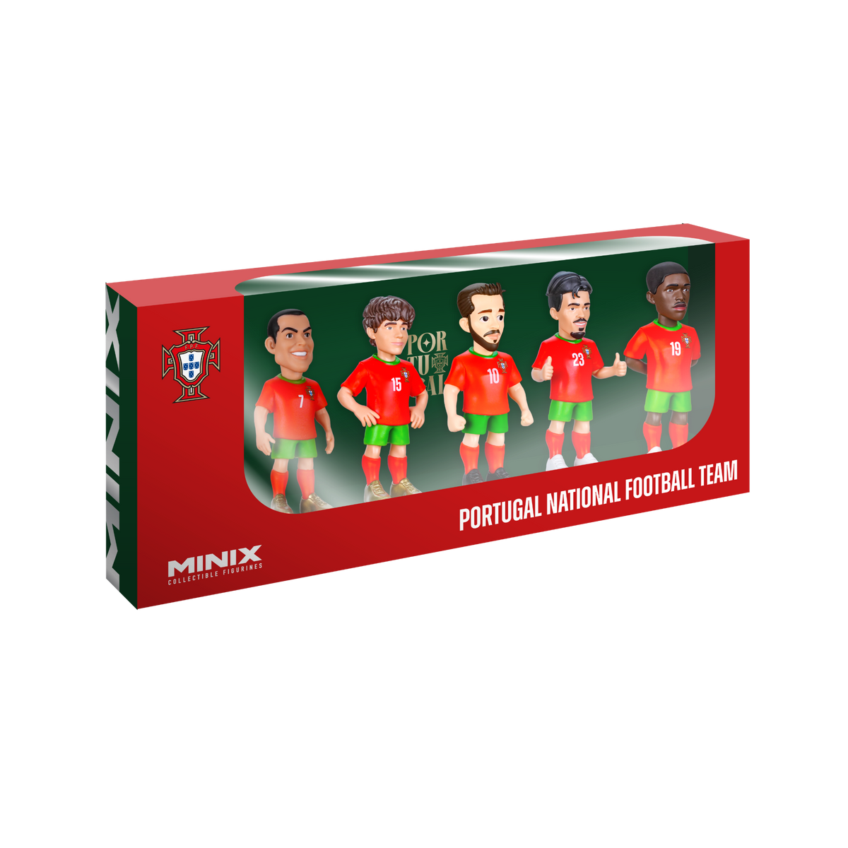 Minix Portugal 5-Pack of five football figurines in red and green Portugal kits, displayed in a red window box