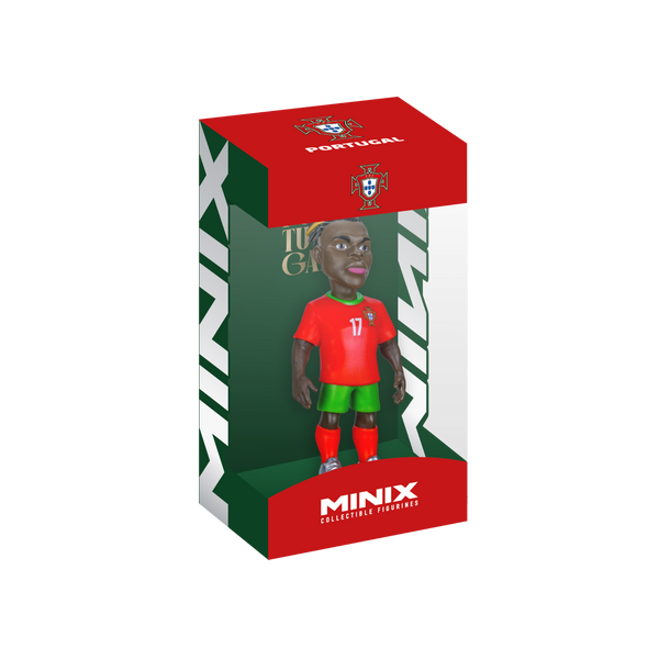 Minix Rafael Leão Portugal figurine wearing a red number 17 shirt, green shorts and socks inside a Portugal-branded display box