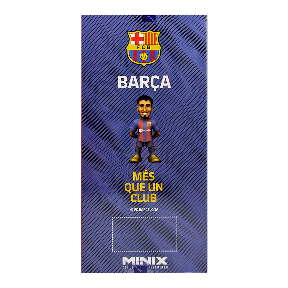 Minix Raphinha FC Barcelona figurine in a blue and garnet striped kit, displayed on branded Barcelona packaging