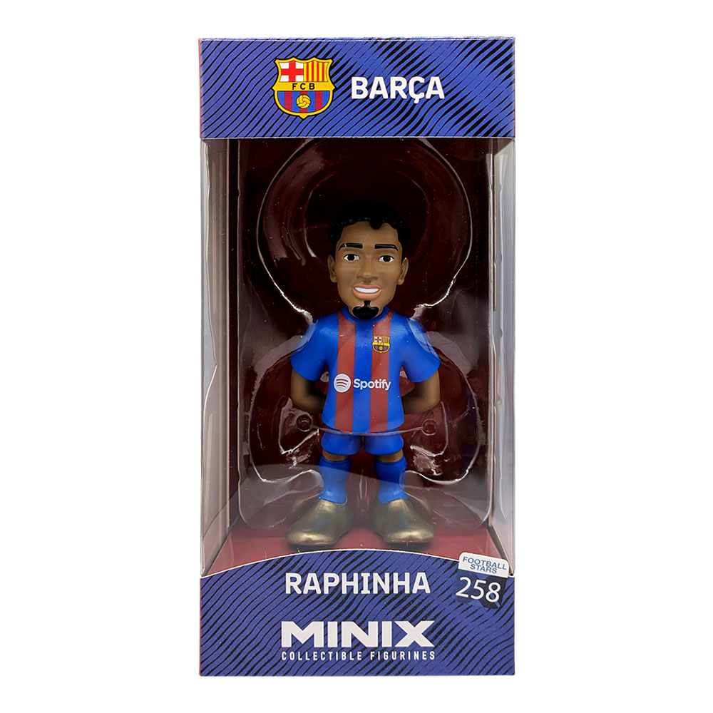 Minix Raphinha FC Barcelona figurine with a stylized sculpt, wearing a blue and red striped kit in a clear display box