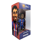 Minix Raphinha FC Barcelona figurine in a blue and red striped kit, displayed in a clear-front collectible box