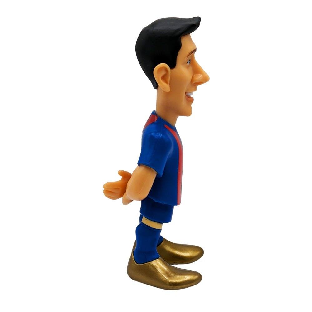 Minix Robert Lewandowski FC Barcelona figurine in a blue kit with red trim, black hair and gold boots