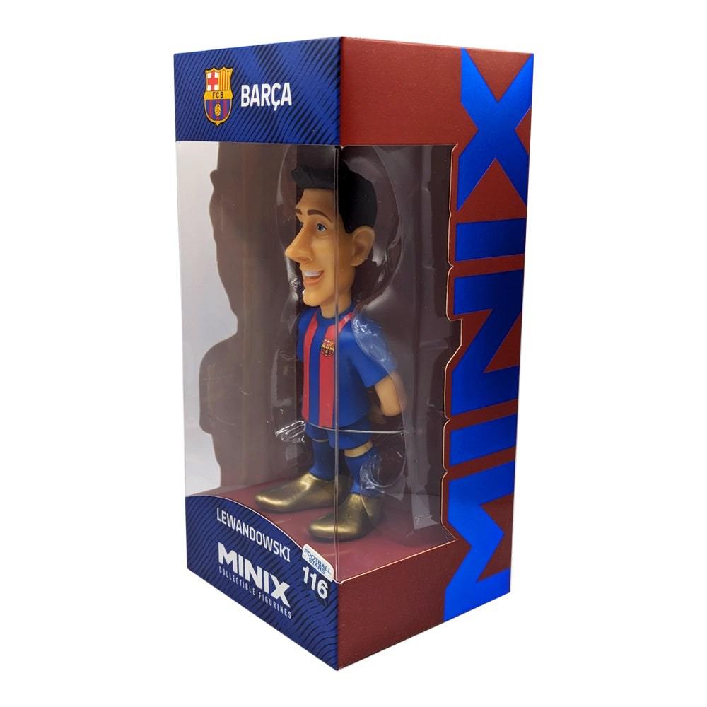 Minix Robert Lewandowski FC Barcelona figurine in a blue and red striped kit, displayed in a branded window box