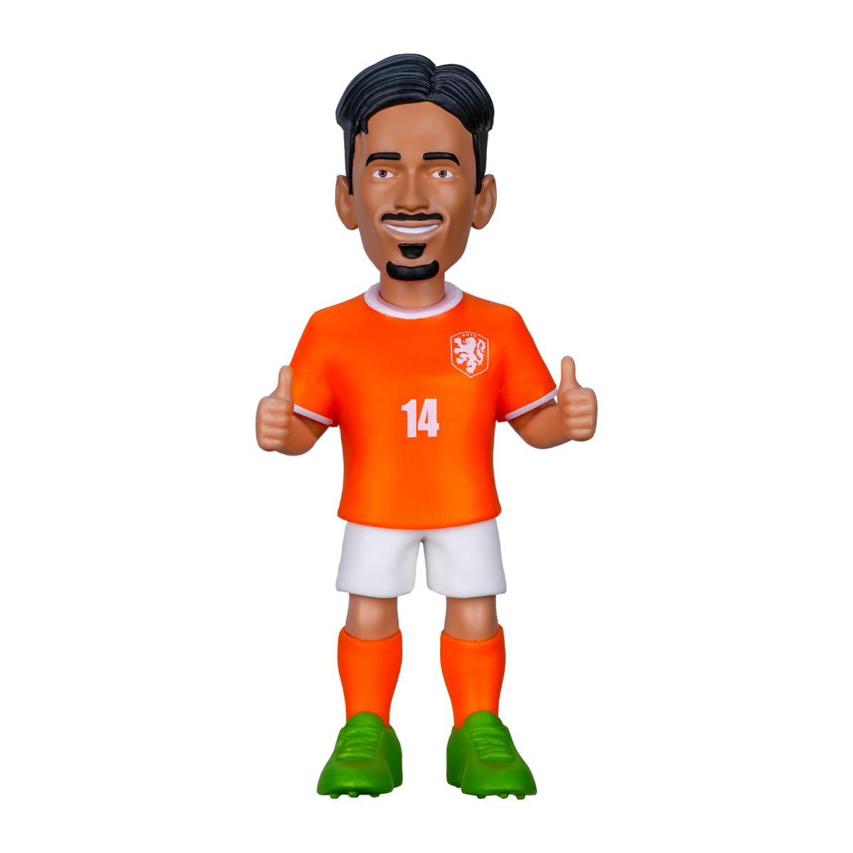 Minix Tijjani Reijnders Netherlands football figurine in an orange number 14 jersey, white shorts and green boots