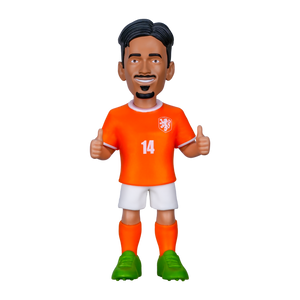 Minix Tijjani Reijnders Netherlands football figurine in an orange number 14 jersey, white shorts and green boots