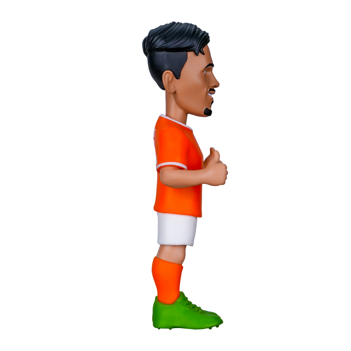 Minix Tijjani Reijnders figurine with black hair, orange Netherlands shirt and socks, white shorts, and green boots