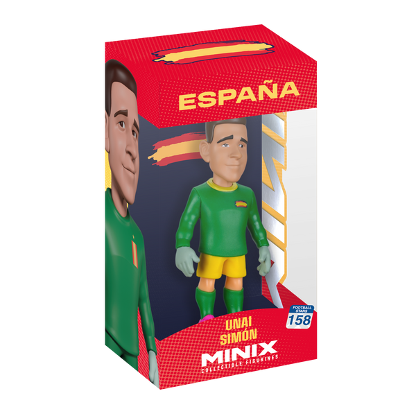 Minix Unai Simón collectible figurine in a green Spain goalkeeper kit with yellow shorts, shown in its España box