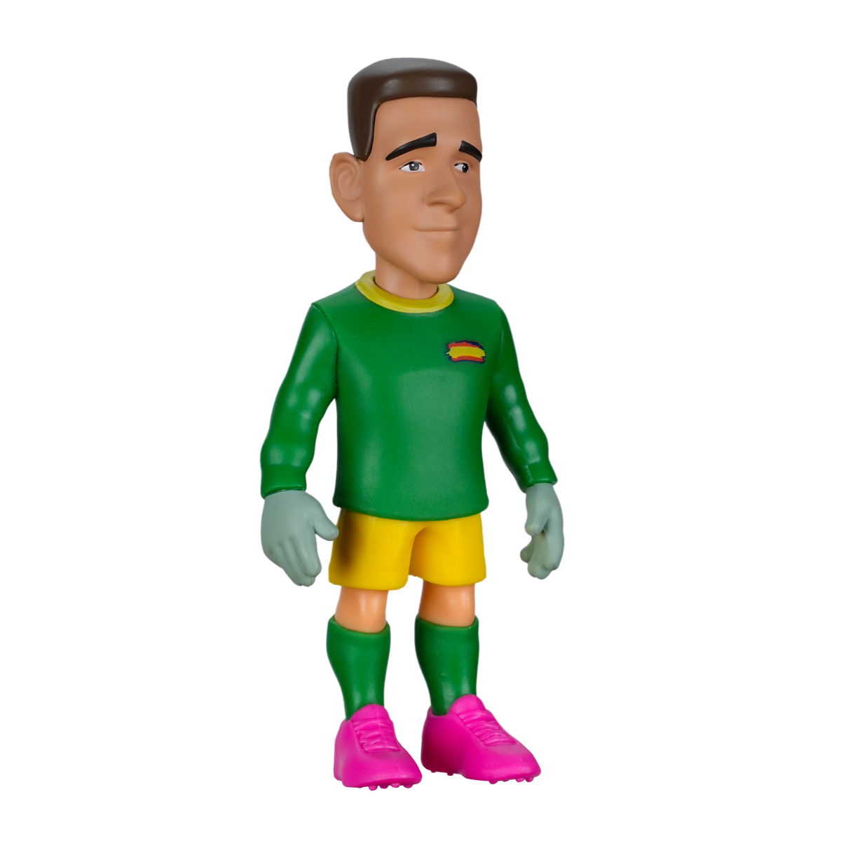 Minix Unai Simón collectible figurine with brown hair, a green Spain goalkeeper kit, gray gloves and pink boots