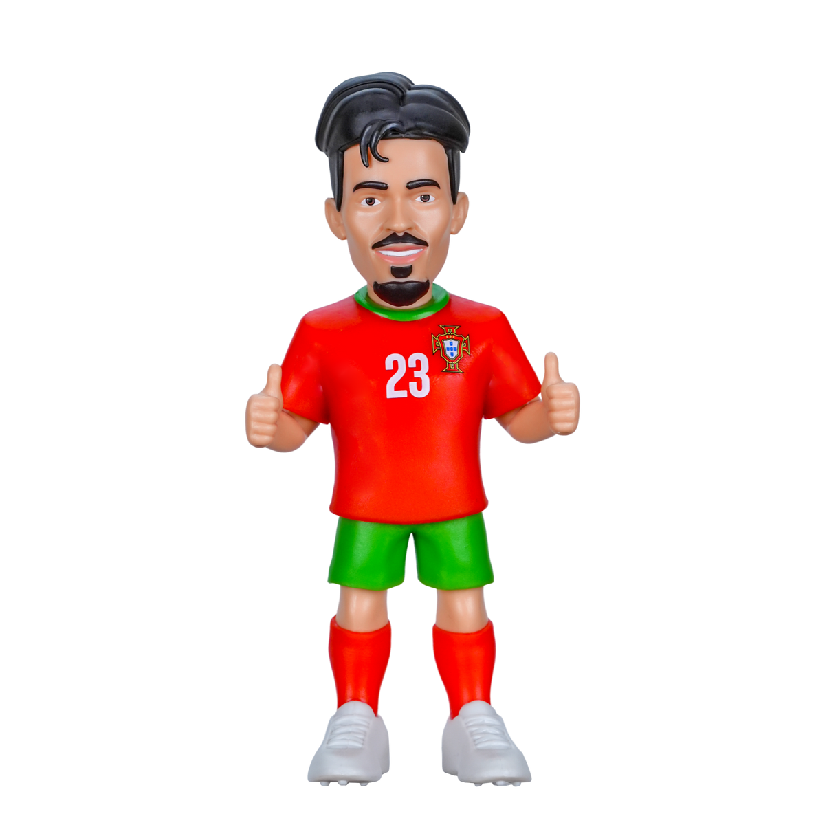 Minix Vitinha figurine with swept black hair, red Portugal number 23 shirt, green shorts, red socks and white shoes