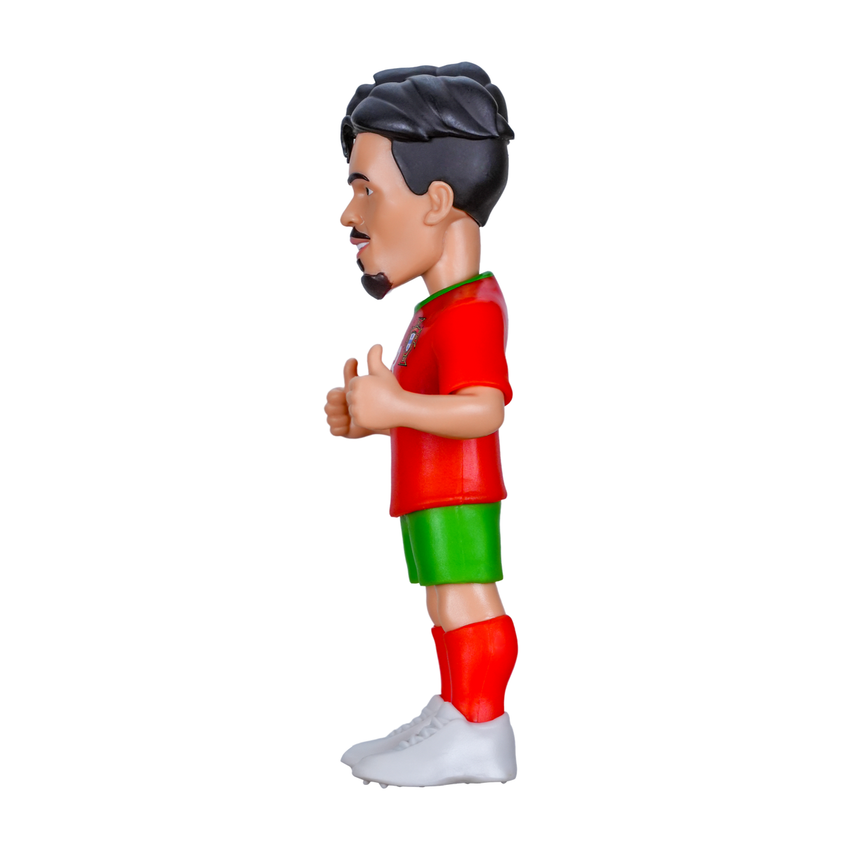 Minix Vitinha football figurine with a glossy red shirt, green shorts, red socks and sculpted black hair