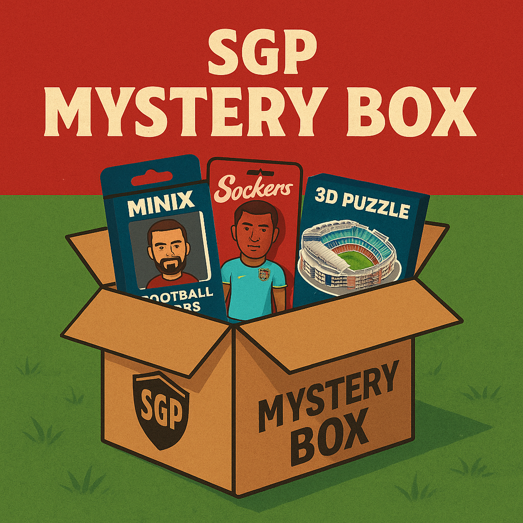 SGP Mystery Box with licensed collectible football stars figurine, Sockers action figure, and 3D stadium puzzle inside cardboard box