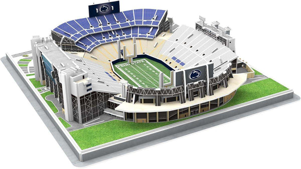 Penn State Nittany Lions 3D stadium puzzle with a green football field, blue and white stands, and detailed gray exterior