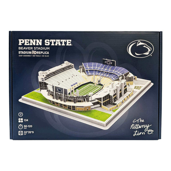 Penn State Nittany Lions 3D stadium puzzle kit in a dark blue box, featuring a white Beaver Stadium model with green field