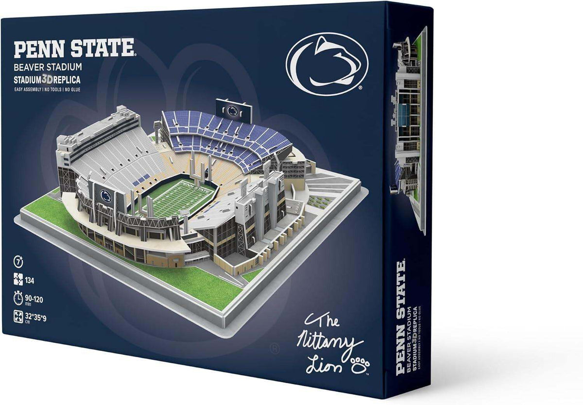 Penn State Nittany Lions 3D stadium puzzle kit with a detailed Beaver Stadium replica in blue, white and green